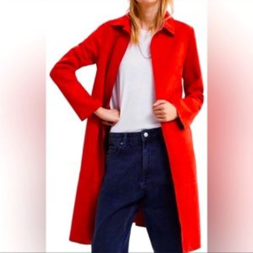 ZARA tomato red faux suede open front longline structured lightweight jacket